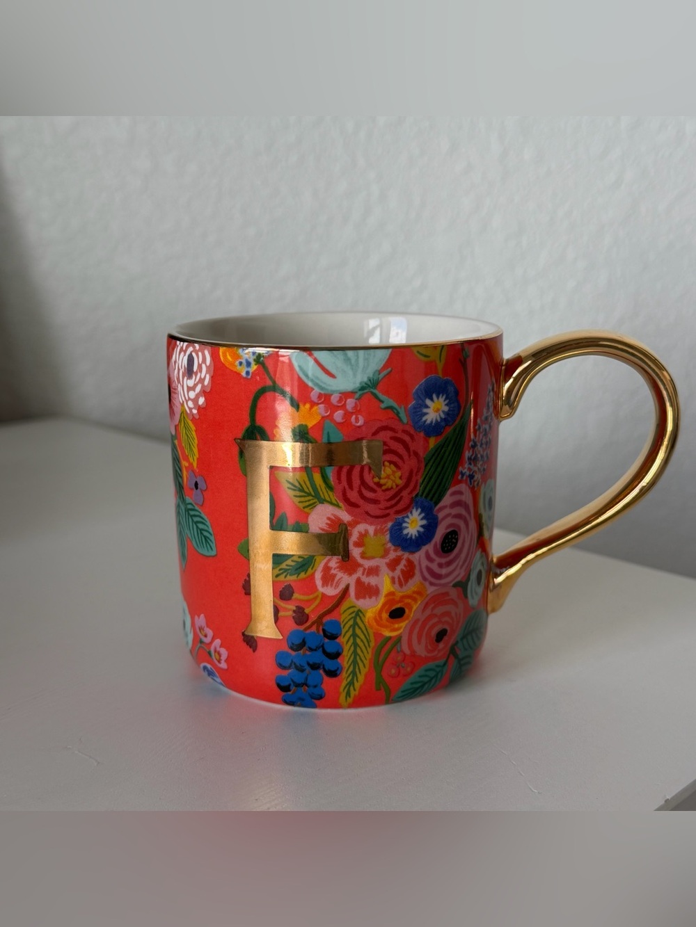 Anthropologie x Rifle Paper Co Garden Party Monogram “F” Floral Gold Handle Mug